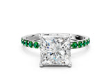White gold Princess Cut Diamond Solitaire Ring with Round with Emerald side stone Pavé Band and Prong Setting_24