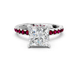 White gold Princess Cut Diamond Solitaire Ring with Round with Garnet side stone Pavé Band and Four-Prong Setting