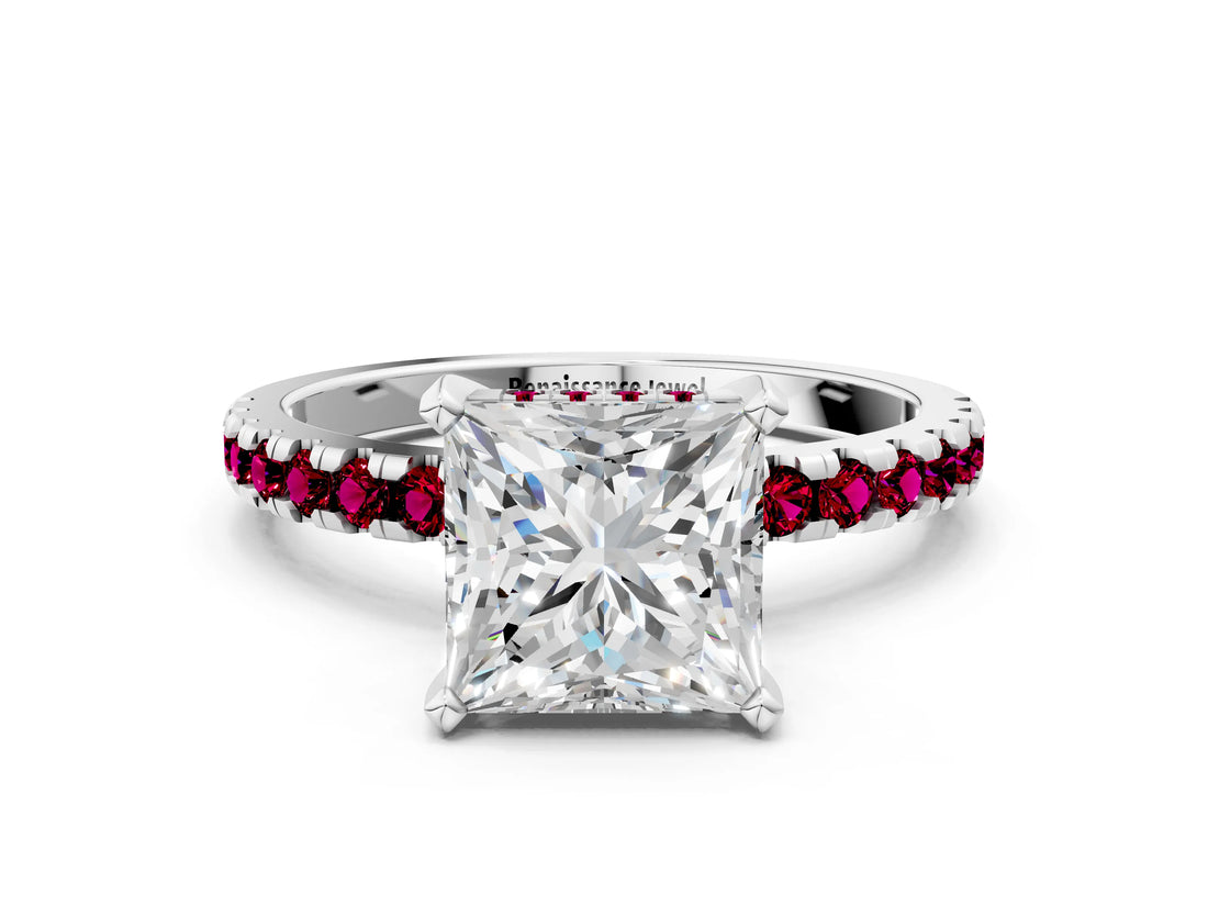 White gold Princess Cut Diamond Solitaire Ring with Round with Garnet side stone Pavé Band and Four-Prong Setting_12