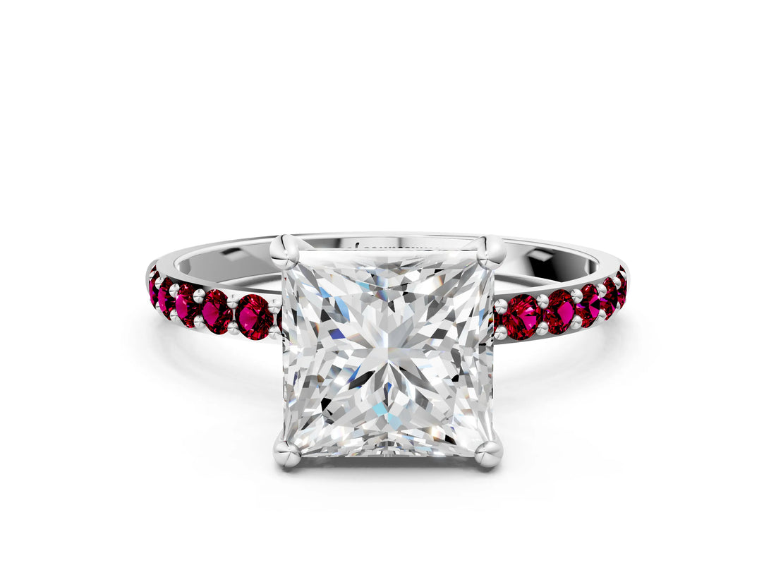 White gold Princess Cut Diamond Solitaire Ring with Round with Garnet side stone Pavé Band and Prong Setting_12