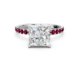 White gold Princess Cut Diamond Solitaire Ring with Round with Garnet side stone Pavé Band and Prong Setting_12