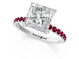 White gold Princess Cut Diamond Solitaire Ring with Round with Garnet side stone Pavé Band and Prong Setting_13