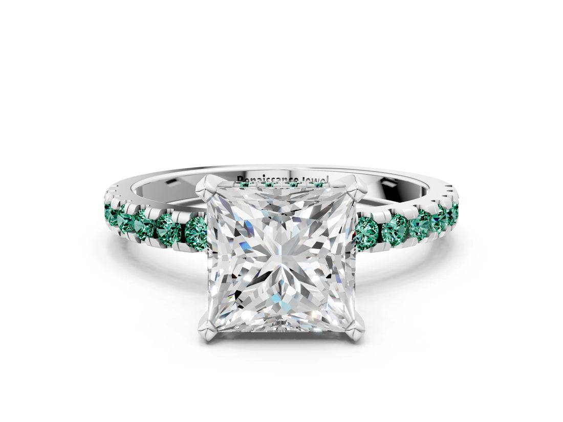 White gold Princess Cut Diamond Solitaire Ring with Round with Green Sapphire side stone Pavé Band and Four-Prong Setting_12