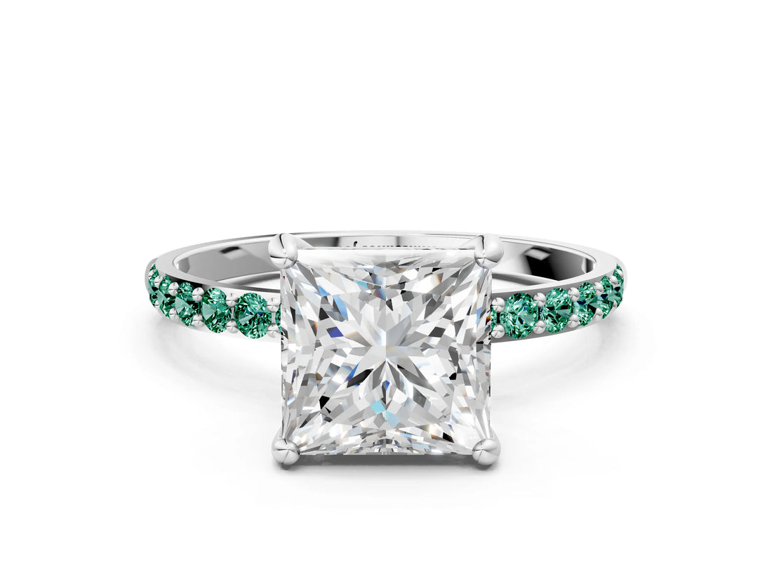 White gold Princess Cut Diamond Solitaire Ring with Round with Green Sapphire side stone Pavé Band and Prong Setting_24