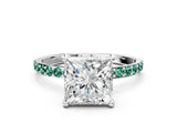 White gold Princess Cut Diamond Solitaire Ring with Round with Green Sapphire side stone Pavé Band and Prong Setting_34