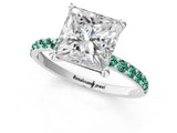 White gold Princess Cut Diamond Solitaire Ring with Round with Green Sapphire side stone Pavé Band and Prong Setting_35