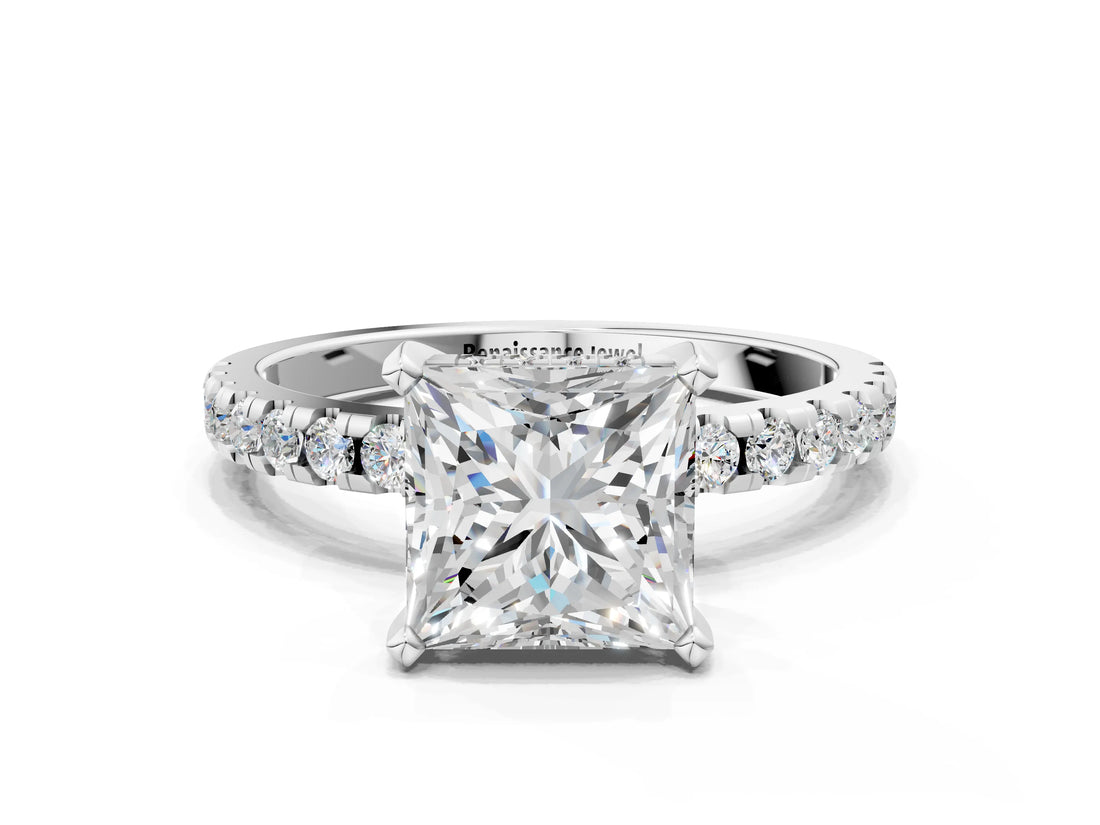 White gold Princess Cut Diamond Solitaire Ring with Round with Moissanite side stone Pavé Band and Four-Prong Setting_12