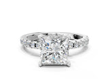 White gold Princess Cut Diamond Solitaire Ring with Round with Moissanite side stone Pavé Band and Four-Prong Setting_12