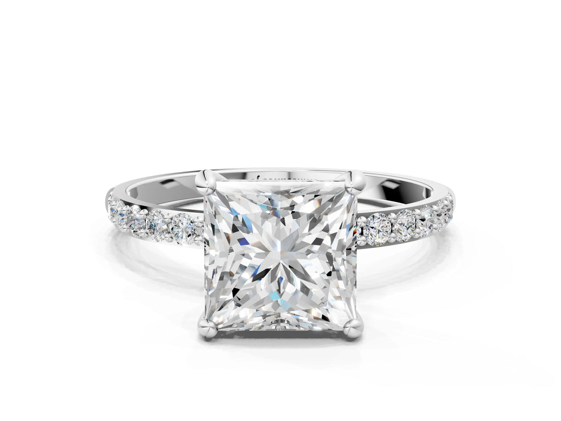 White gold Princess Cut Diamond Solitaire Ring with Round with Moissanite side stone Pavé Band and Prong Setting