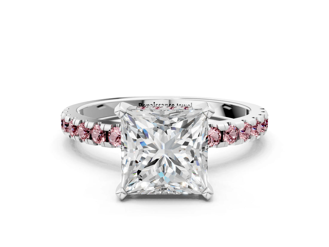 White gold Princess Cut Diamond Solitaire Ring with Round with Morganite side stone Pavé Band and Four-Prong Setting_12