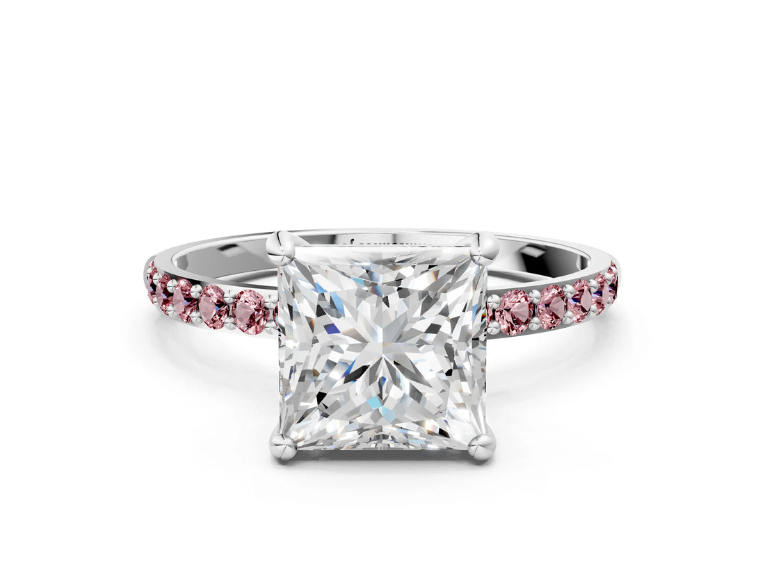 White gold Princess Cut Diamond Solitaire Ring with Round with Morganite side stone Pavé Band and Prong Setting_12