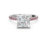 White gold Princess Cut Diamond Solitaire Ring with Round with Morganite side stone Pavé Band and Prong Setting