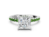 White gold Princess Cut Diamond Solitaire Ring with Round with Peridot side stone Pavé Band and Four-Prong Setting