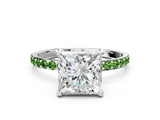 White gold Princess Cut Diamond Solitaire Ring with Round with Peridot side stone Pavé Band and Prong Setting_24
