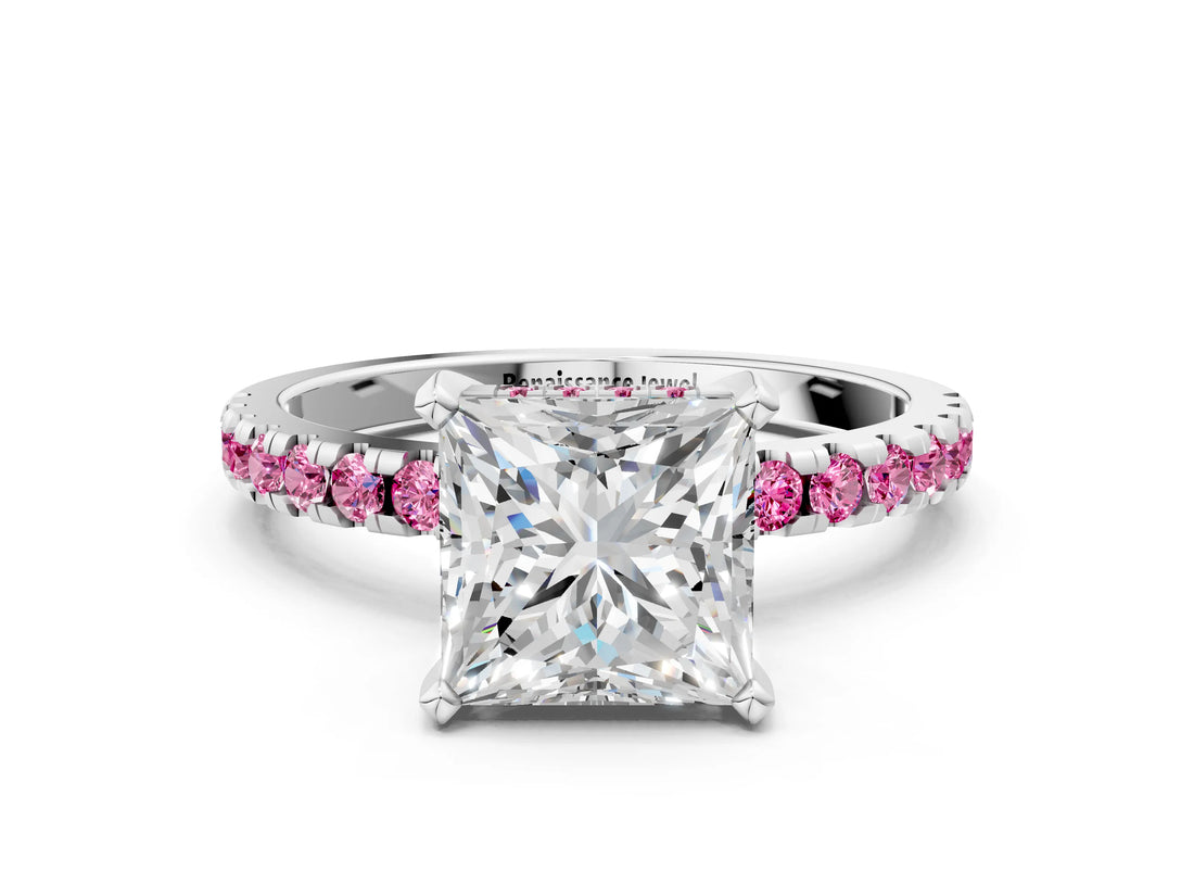 White gold Princess Cut Diamond Solitaire Ring with Round with Pink Sapphire side stone Pavé Band and Four-Prong Setting