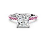 White gold Princess Cut Diamond Solitaire Ring with Round with Pink Sapphire side stone Pavé Band and Four-Prong Setting_12
