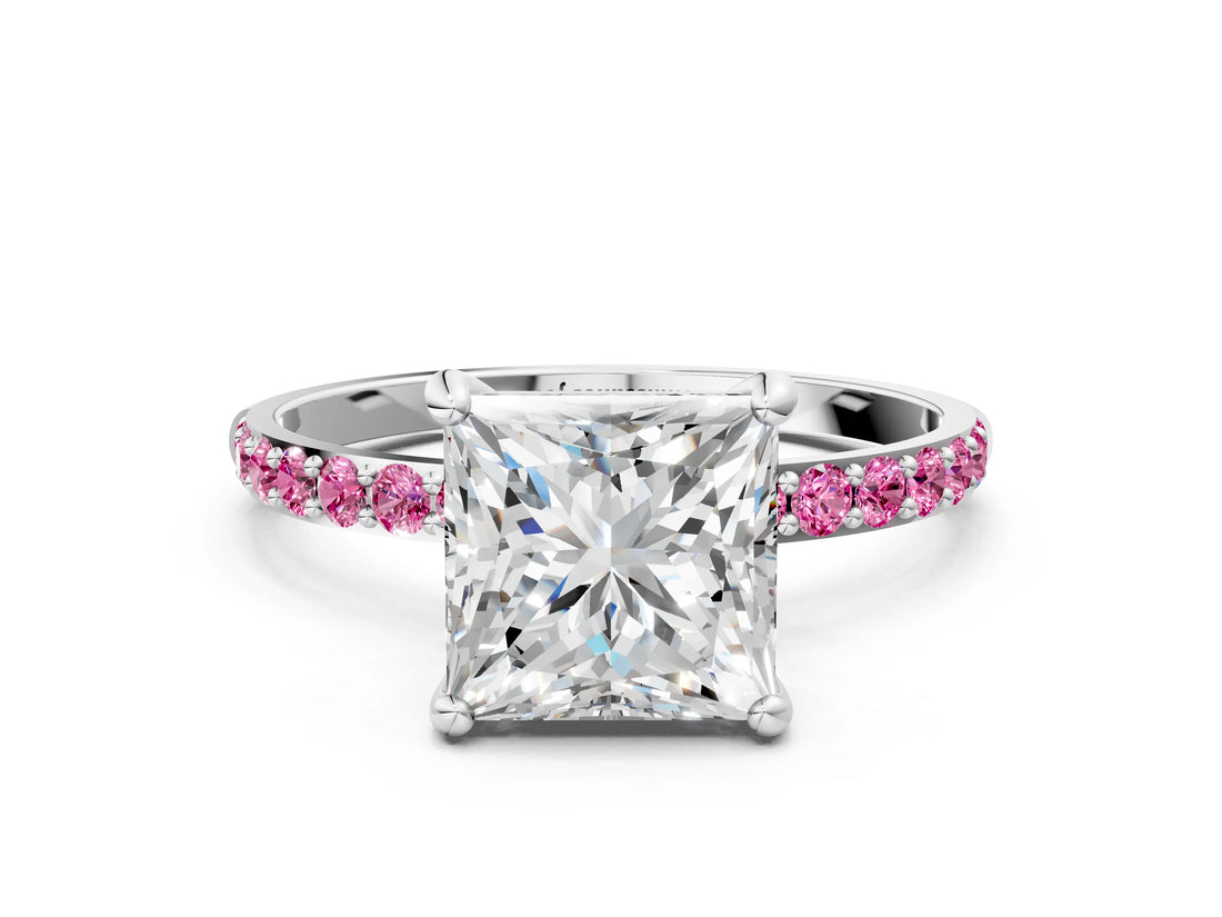 White gold Princess Cut Diamond Solitaire Ring with Round with Pink Sapphire side stone Pavé Band and Prong Setting