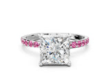 White gold Princess Cut Diamond Solitaire Ring with Round with Pink Sapphire side stone Pavé Band and Prong Setting