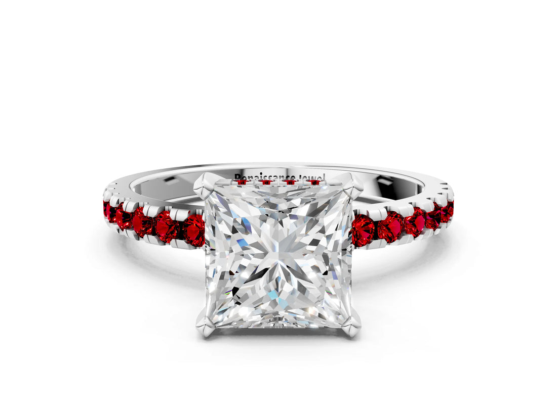 White gold Princess Cut Diamond Solitaire Ring with Round with Ruby side stone Pavé Band and Four-Prong Setting