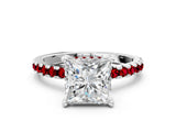White gold Princess Cut Diamond Solitaire Ring with Round with Ruby side stone Pavé Band and Four-Prong Setting