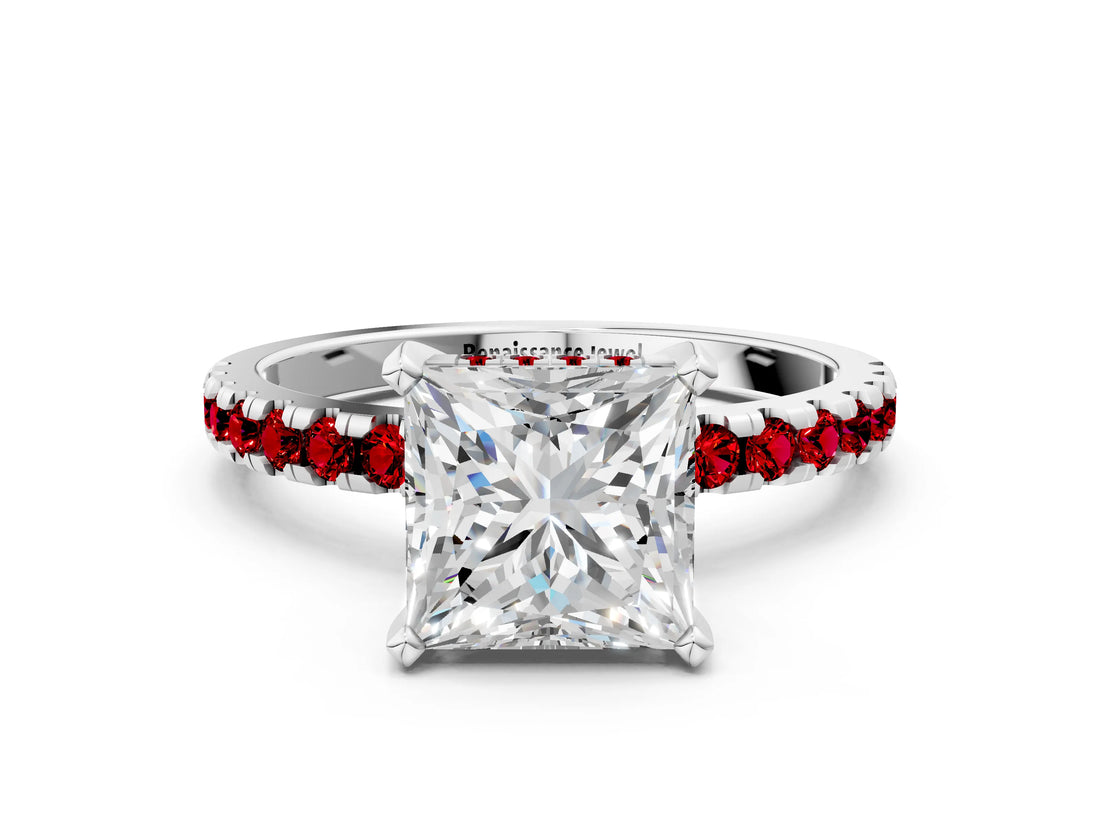 White gold Princess Cut Diamond Solitaire Ring with Round with Ruby side stone Pavé Band and Four-Prong Setting_44