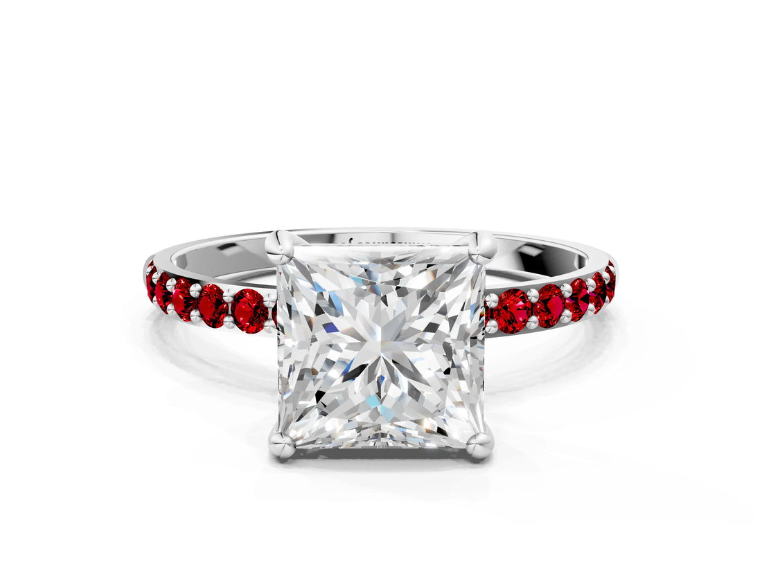 White gold Princess Cut Diamond Solitaire Ring with Round with Ruby side stone Pavé Band and Prong Setting_36