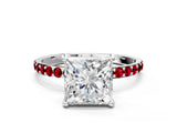 White gold Princess Cut Diamond Solitaire Ring with Round with Ruby side stone Pavé Band and Prong Setting_36