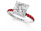 White gold Princess Cut Diamond Solitaire Ring with Round with Ruby side stone Pavé Band and Prong Setting_37