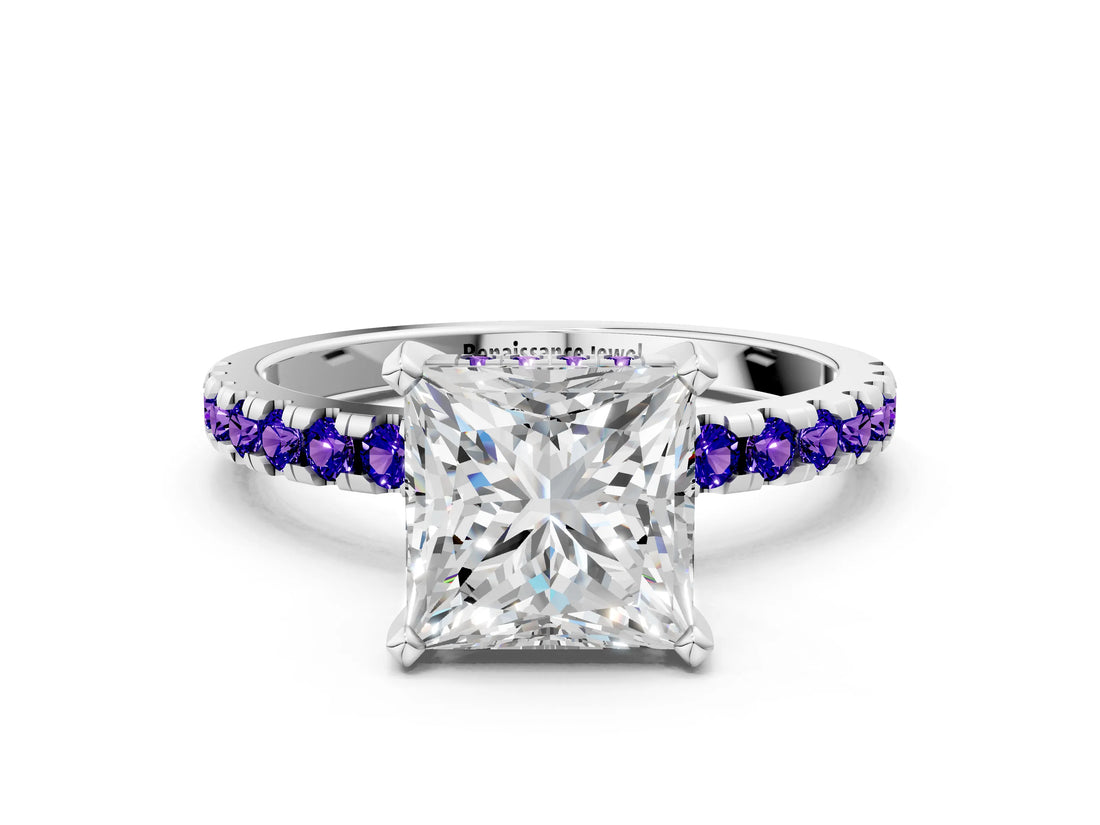 White gold Princess Cut Diamond Solitaire Ring with Round with Tanzanite side stone Pavé Band and Four-Prong Setting_24