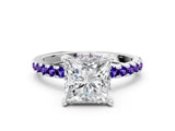 White gold Princess Cut Diamond Solitaire Ring with Round with Tanzanite side stone Pavé Band and Four-Prong Setting_24