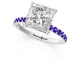 White gold Princess Cut Diamond Solitaire Ring with Round with Tanzanite side stone Pavé Band and Prong Setting_1