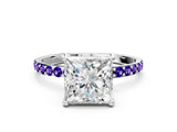 White gold Princess Cut Diamond Solitaire Ring with Round with Tanzanite side stone Pavé Band and Prong Setting_12