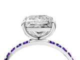 White gold Princess Cut Diamond Solitaire Ring with Round with Tanzanite side stone Pavé Band and Prong Setting_4