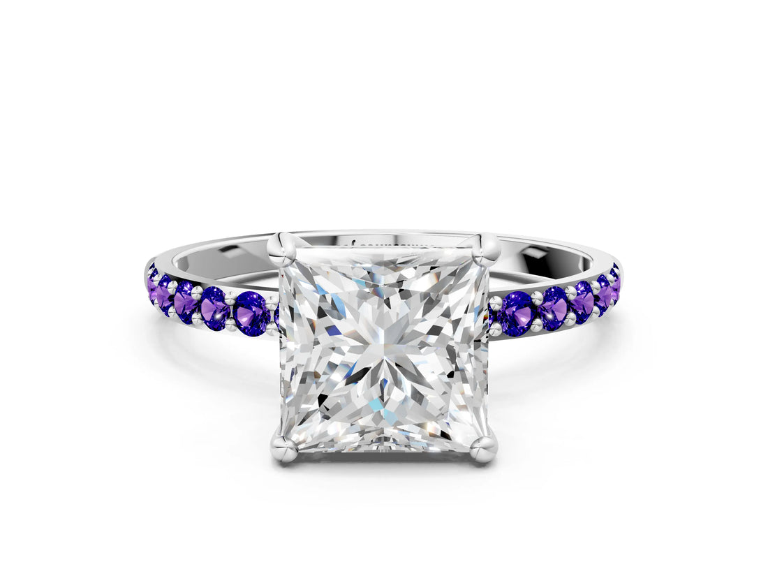 White gold Princess Cut Diamond Solitaire Ring with Round with Tanzanite side stone Pavé Band and Prong Setting