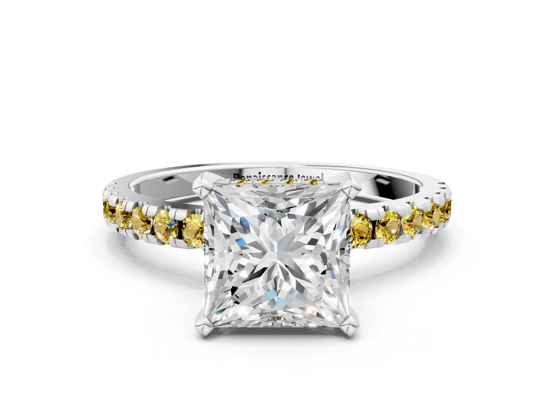 White gold Princess Cut Diamond Solitaire Ring with Round with Yellow Sapphire side stone Pavé Band and Four-Prong Setting_12