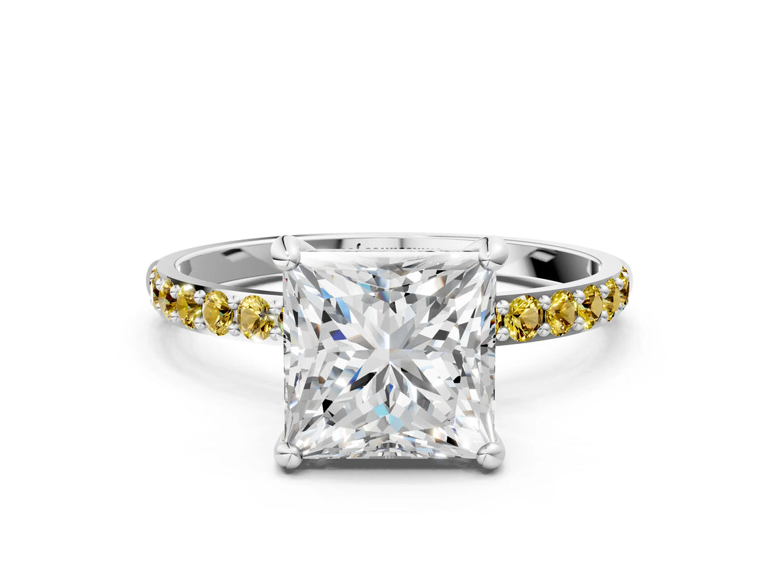 White gold Princess Cut Diamond Solitaire Ring with Round with Yellow Sapphire side stone Pavé Band and Prong Setting_24