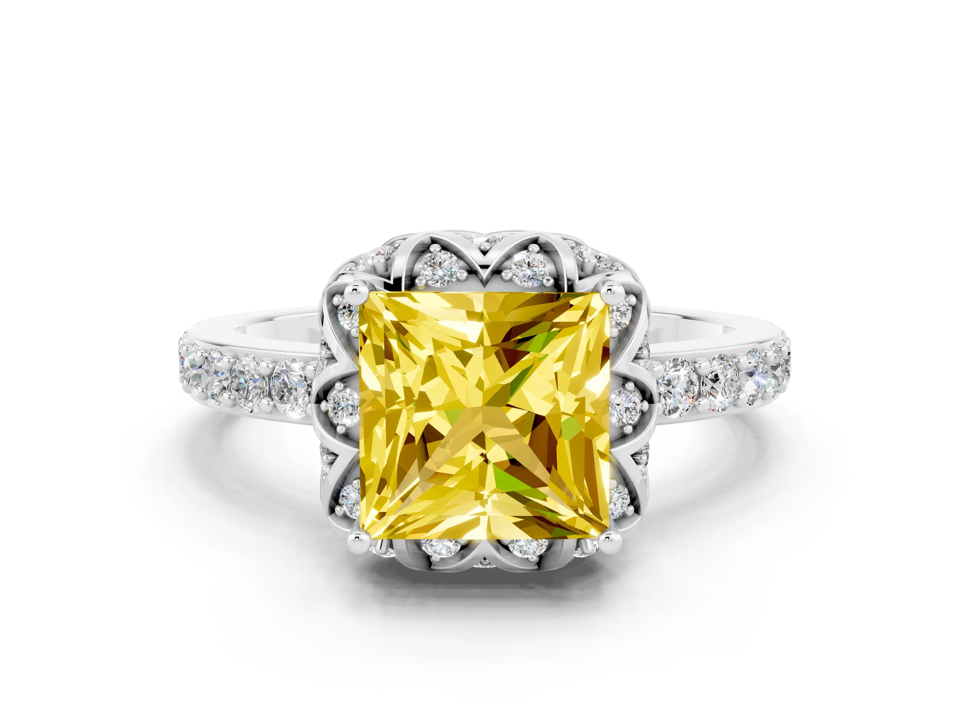 White gold Princess Cut Diamond Solitaire Ring with Shared Prong Pavé Band