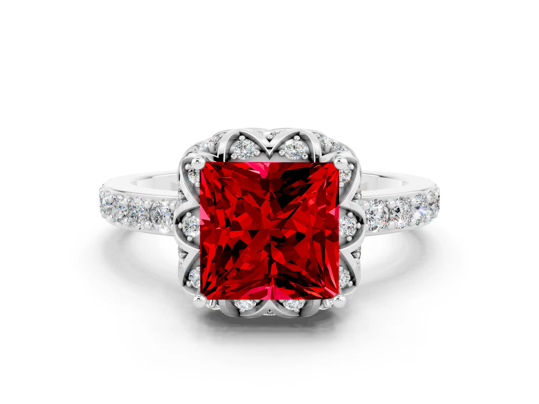 White gold Princess Cut Diamond Solitaire Ring with Shared Prong Pavé Band