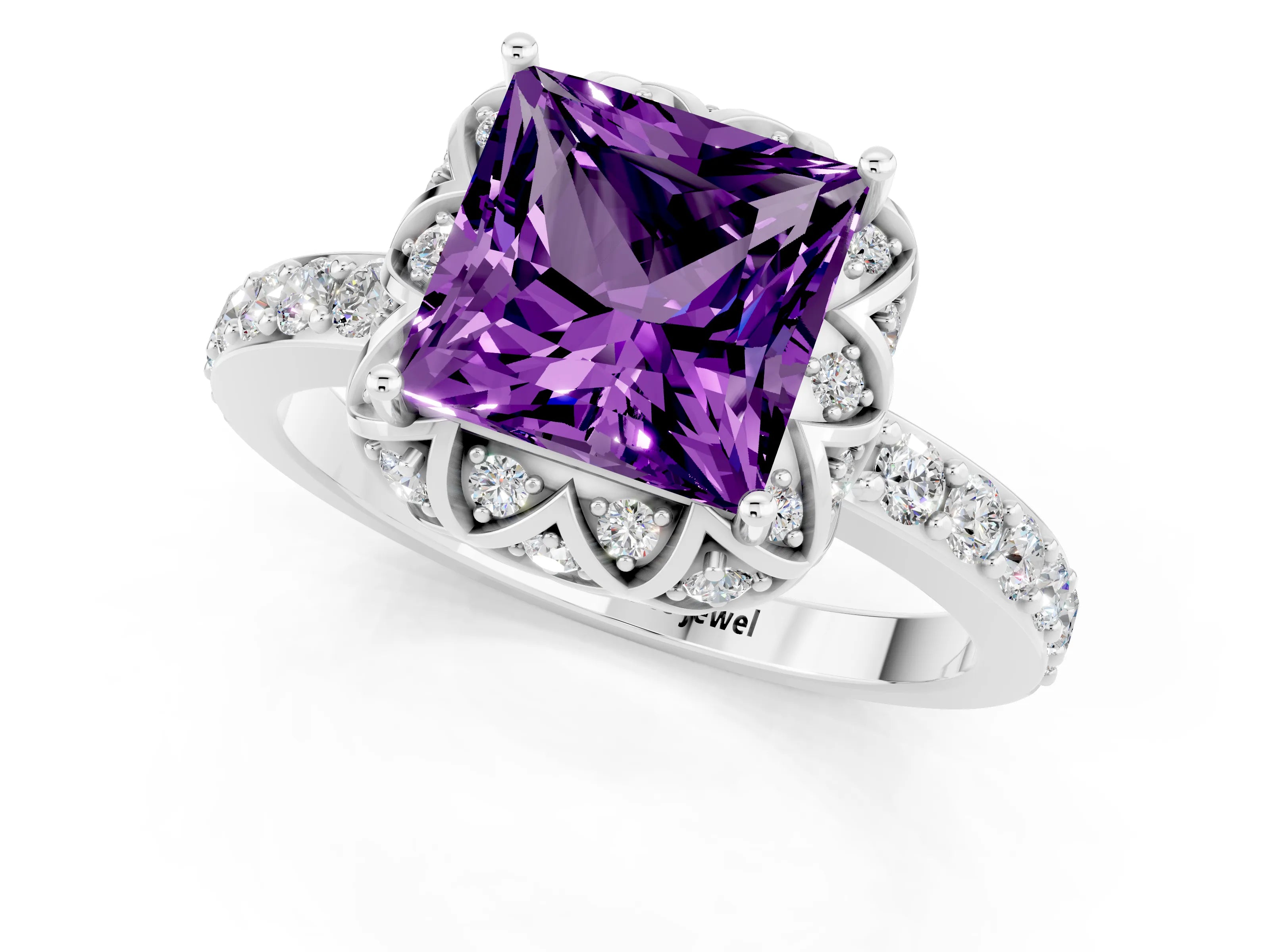 White gold Princess Cut Diamond Solitaire Ring with Shared Prong Pavé Band_1