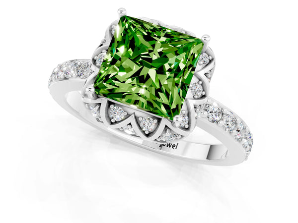 White gold Princess Cut Diamond Solitaire Ring with Shared Prong Pavé Band