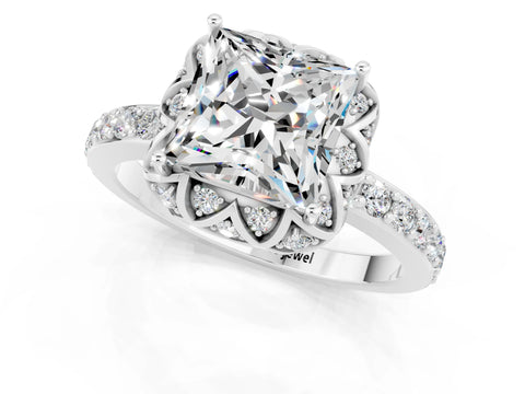 White gold Princess Cut Diamond Solitaire Ring with Shared Prong Pavé Band_1