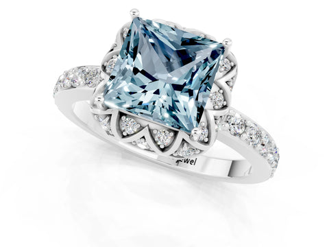 White gold Princess Cut Diamond Solitaire Ring with Shared Prong Pavé Band_1