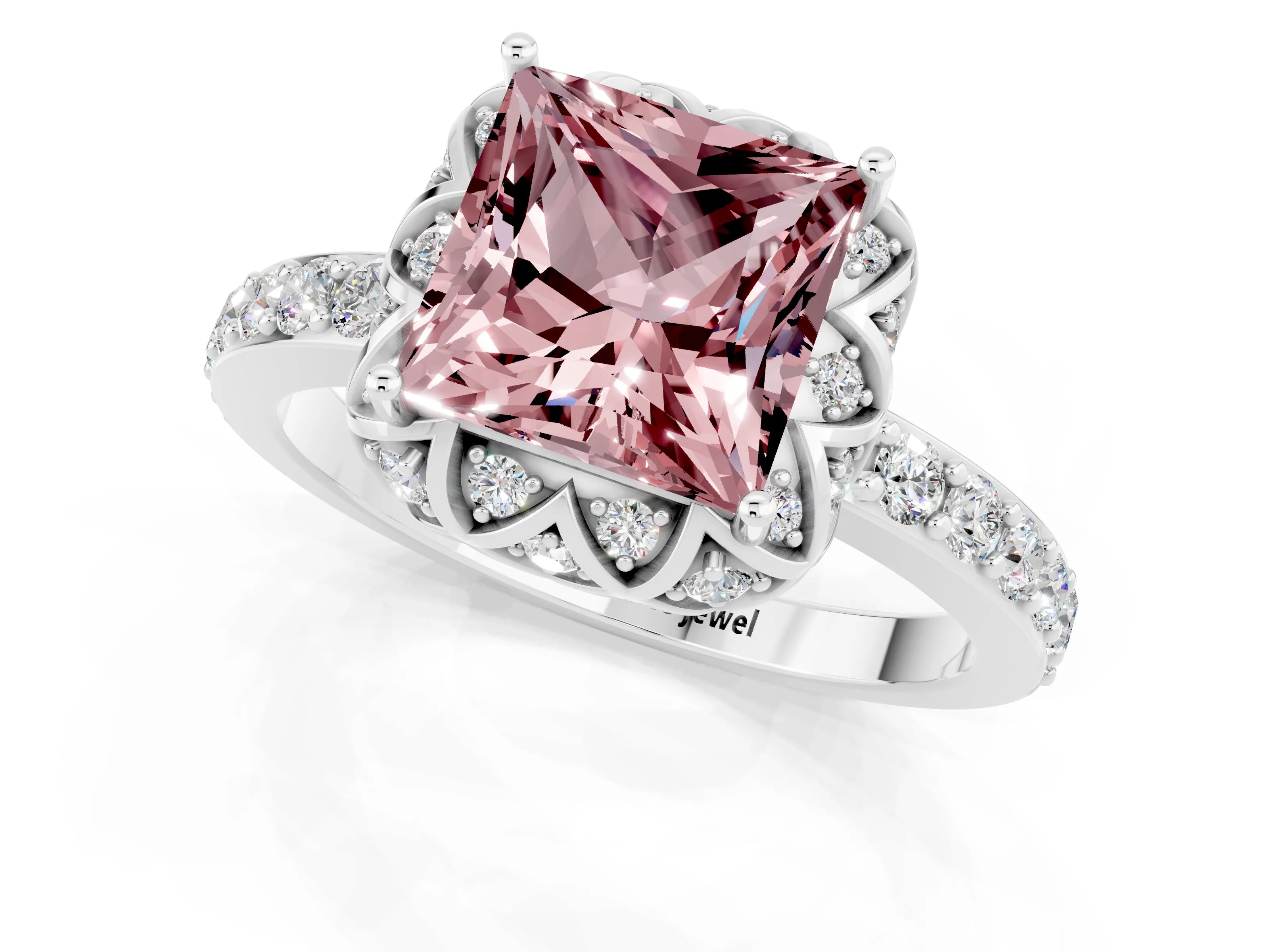 White gold Princess Cut Diamond Solitaire Ring with Shared Prong Pavé Band_1