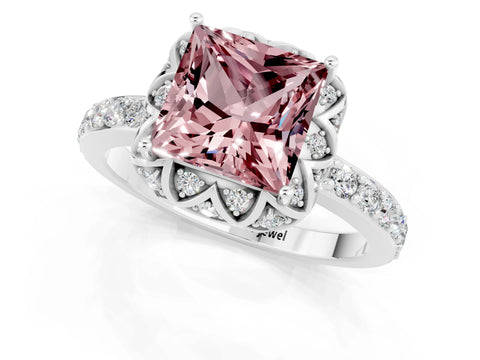 White gold Princess Cut Diamond Solitaire Ring with Shared Prong Pavé Band_1