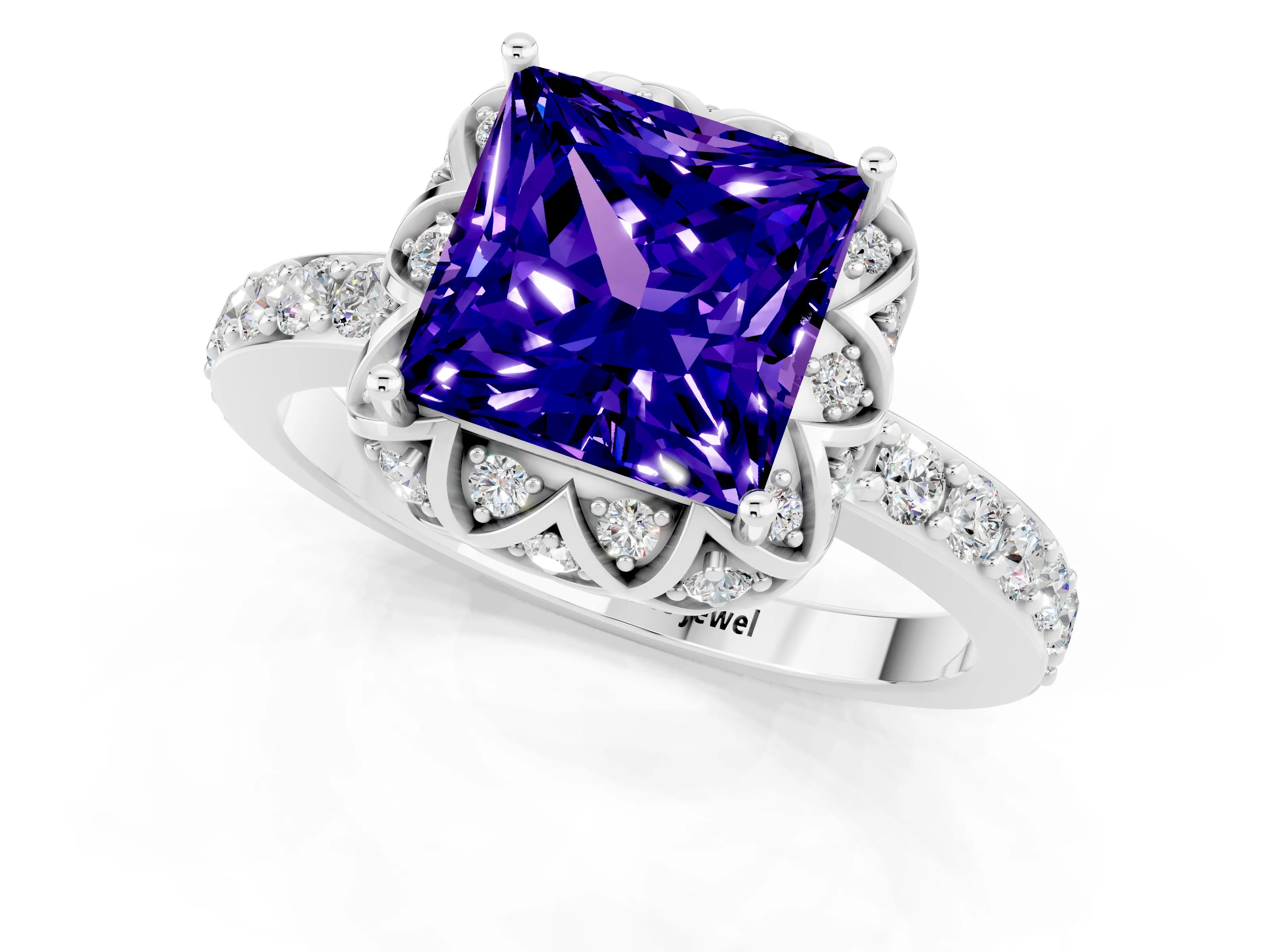 White gold Princess Cut Diamond Solitaire Ring with Shared Prong Pavé Band_1