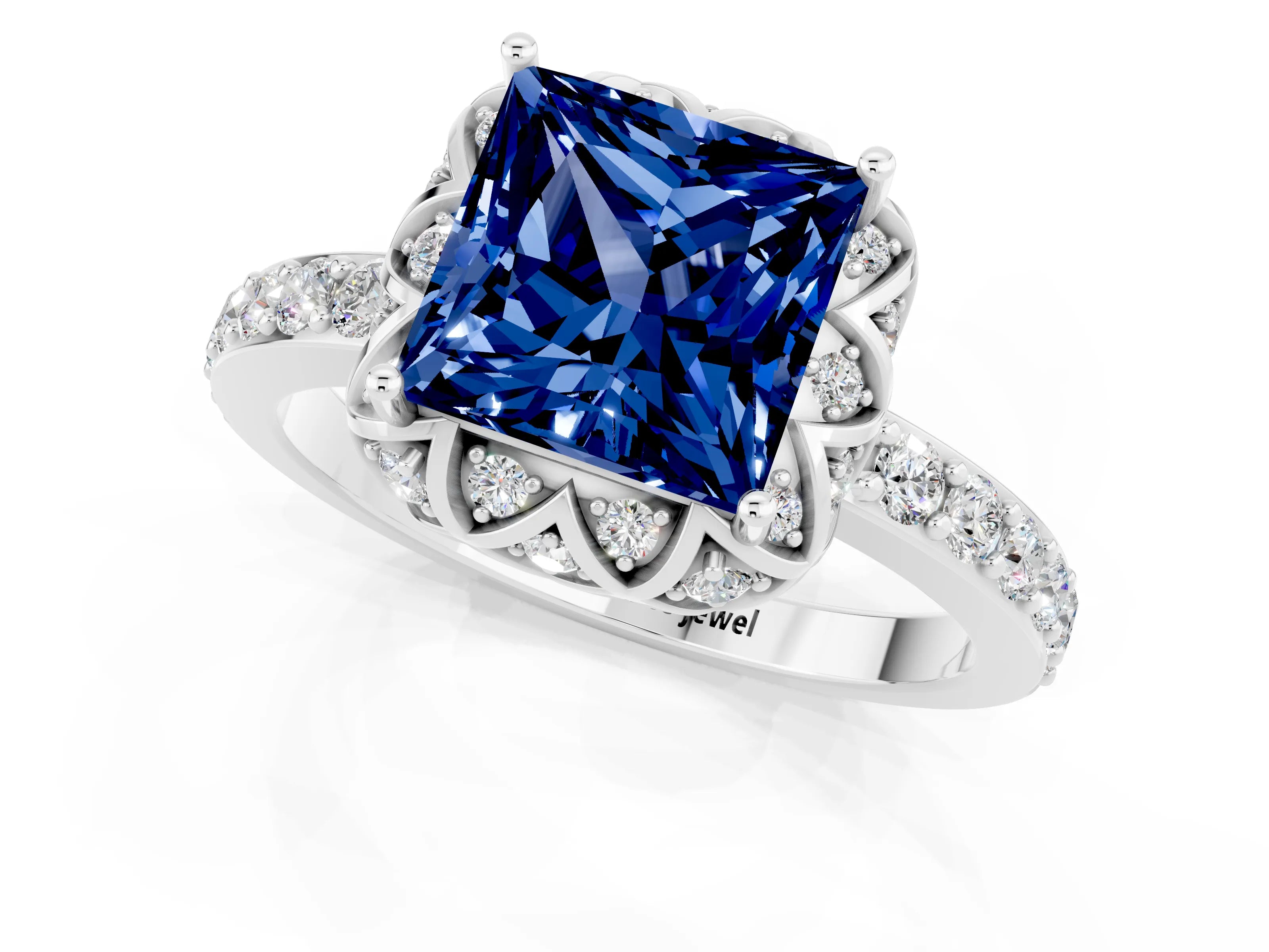 White gold Princess Cut Diamond Solitaire Ring with Shared Prong Pavé Band_1