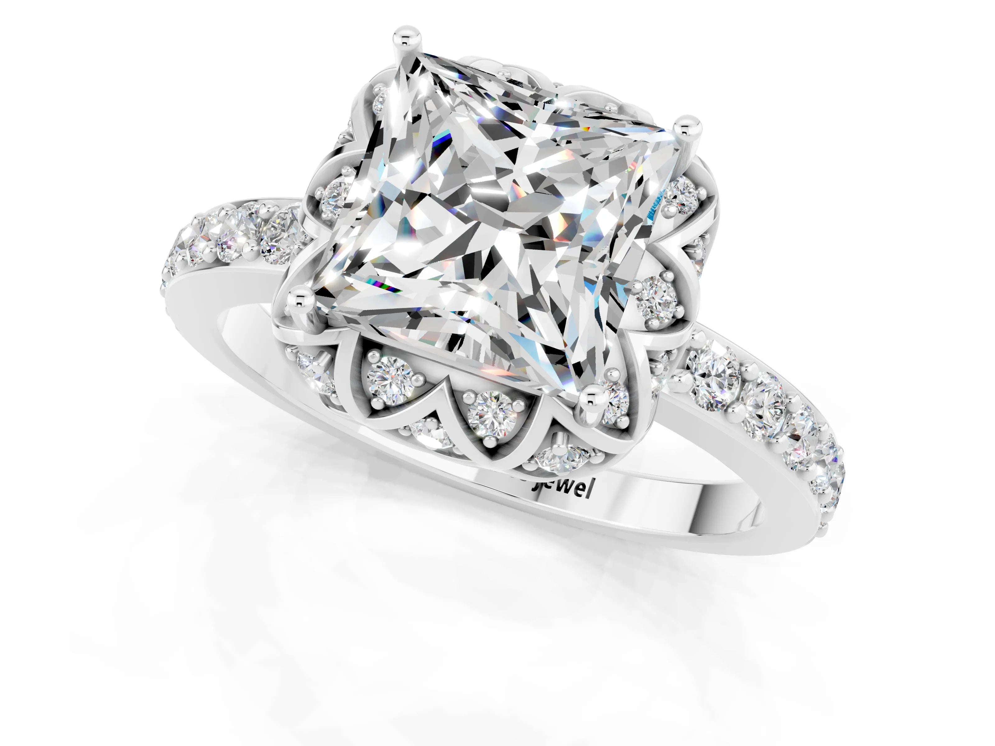 White gold Princess Cut Diamond Solitaire Ring with Shared Prong Pavé Band_1