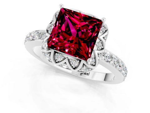 White gold Princess Cut Diamond Solitaire Ring with Shared Prong Pavé Band_1