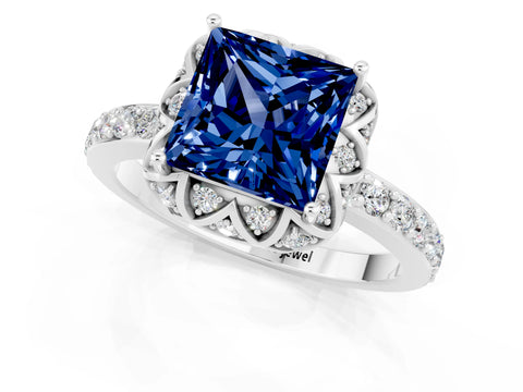 White gold Princess Cut Diamond Solitaire Ring with Shared Prong Pavé Band_1