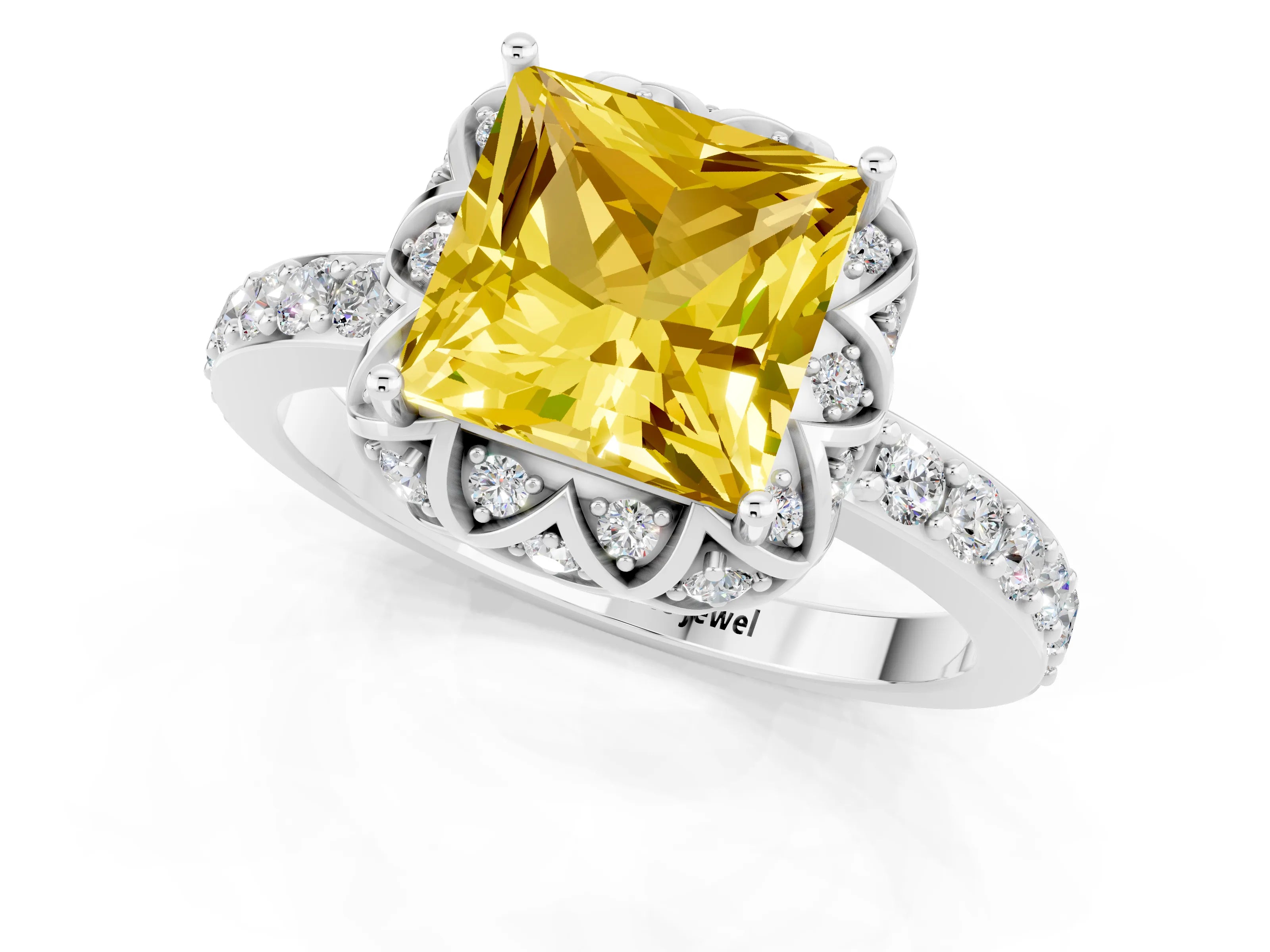 White gold Princess Cut Diamond Solitaire Ring with Shared Prong Pavé Band_1